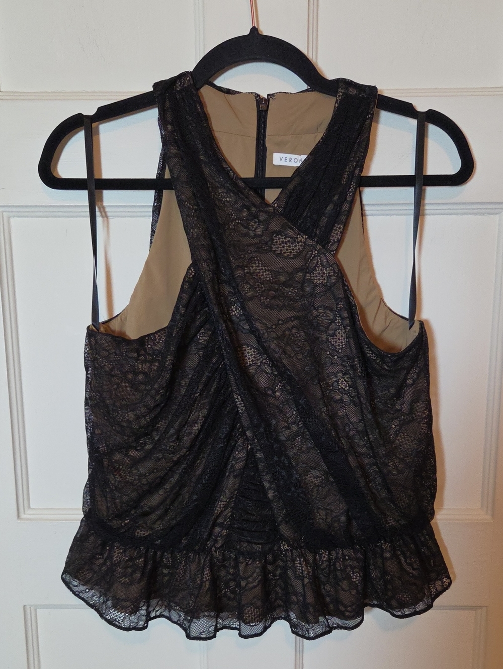 Veronica Beard Kailani Cross-Front Peplum Lace Top in Black With Nude Lining 8 - Picture 3 of 13